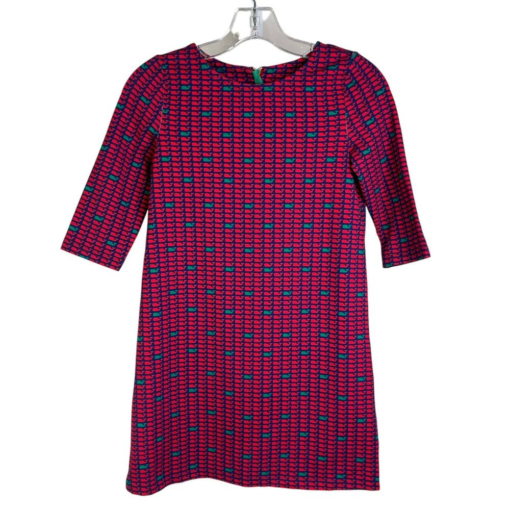 Vineyard Vines Whale Dress Girls M Blue Red 3/4 Sleeve Party‎ Holiday Back Zip
